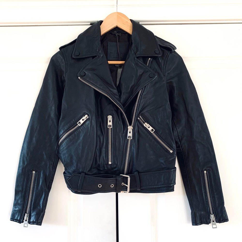 All Saints Balfern Leather Jacket Black Moto Biker Asymmetric Zip NEW Size 0